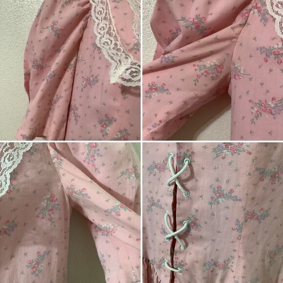 Vintage Handmade Pink Floral Western Country Lace Up Cottagecore Fairy Dress M - Picture 7 of 8
